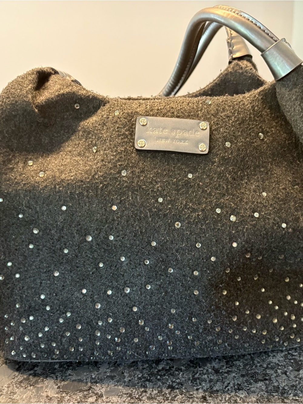 kate spade Gray wool purse with crystal studs and leather handles